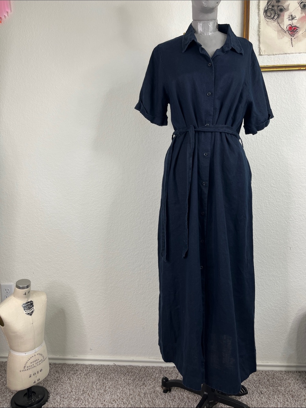 Aritzia Wilfred Eleta Linen Belted Button Front Tie Point Collar Midi Maxi Dress - Picture 2 of 11